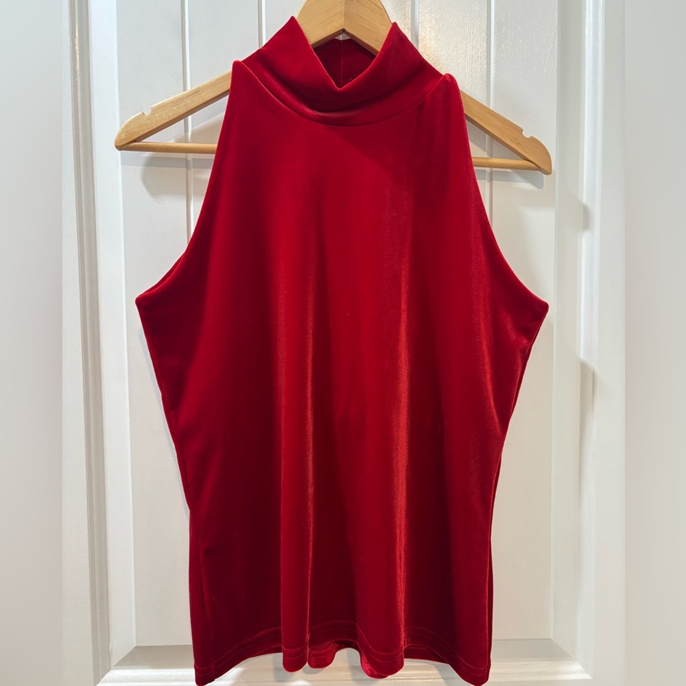 B Moss Vintage Red Velour Sleeveless Turtleneck Top Size XL